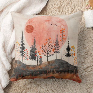 Terracotta Moon Copper Autumn Folk Forest Art Throw Pillow