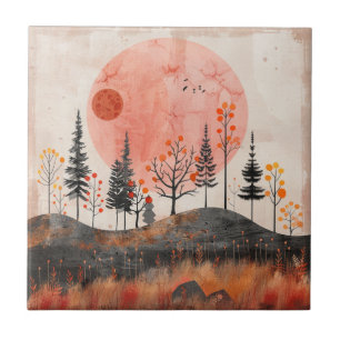 Terracotta Moon Copper Autumn Folk Forest Art Tile