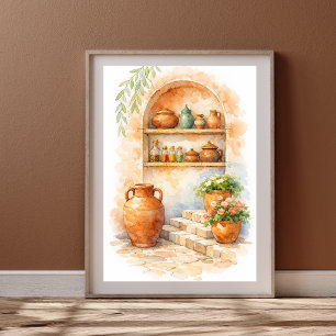 Terracotta Moroccan Kitchen Watercolor Poster