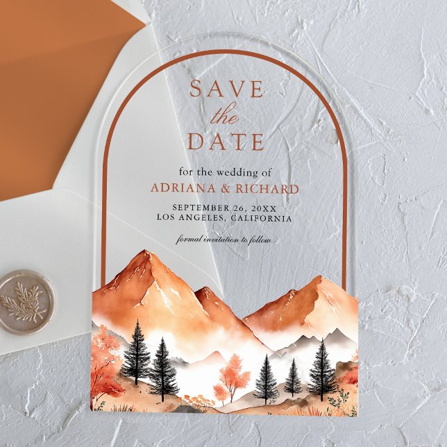 Terracotta Mountain Arch Wedding Save the Date Acrylic Invitations (Creator Uploaded)