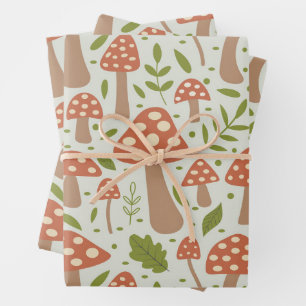 Terracotta Mushrooms with Green Leaves  Wrapping Paper Sheet