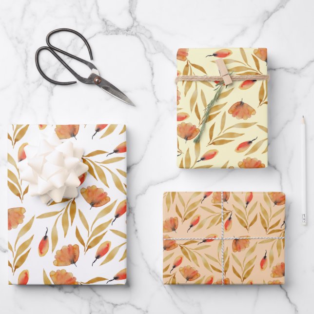 Terracotta Mustard Yellow Floral Wrapping Paper Sheet (Front)
