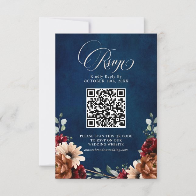 Terracotta Navy Blue Burgundy Geometric QR code RSVP Card (Front)