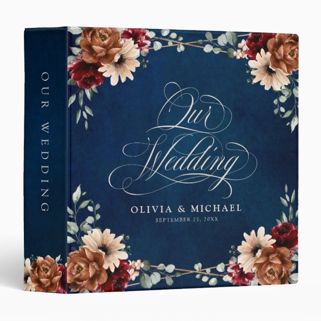 Terracotta Navy Blue Burgundy Geometric Wedding  Binder (Front/Spine)