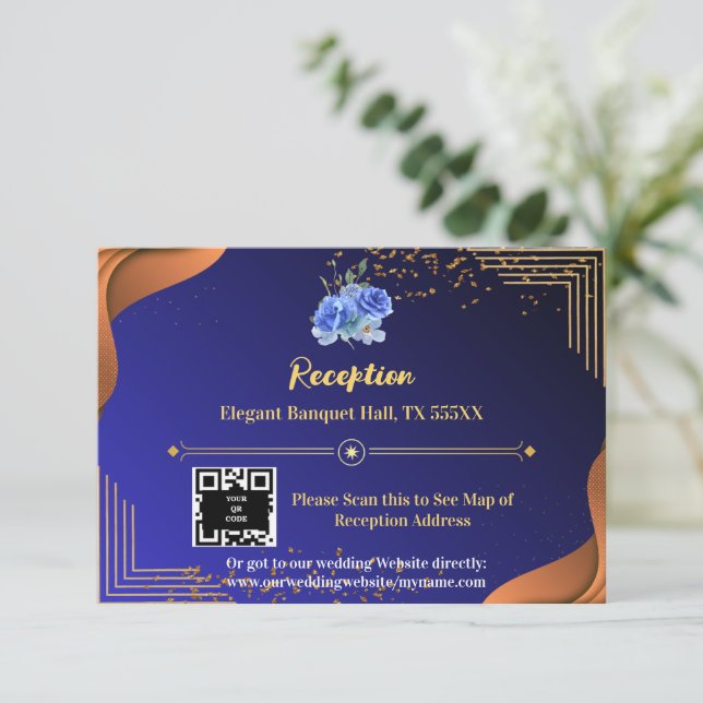Terracotta Navy Blue Elegant Reception RSVP Card (Standing Front)