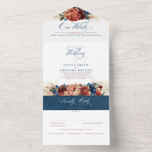Terracotta Navy Blue Floral Boho Elegant Wedding All In One Invitation (Inside)