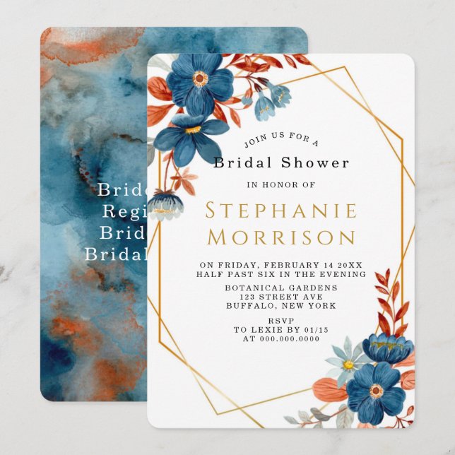 Terracotta Navy Blue Floral Bridal Shower Invitation (Front/Back)
