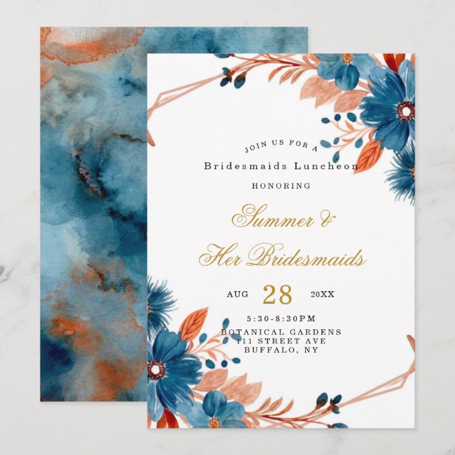 Terracotta Navy Blue Floral Bridesmaids Luncheon Invitation (Front/Back)