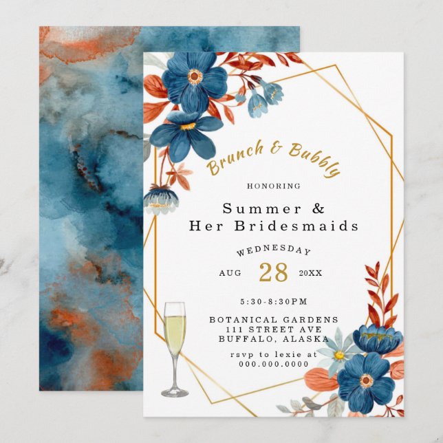 Terracotta Navy Blue Floral Brunch and Bubbly Invitation (Front/Back)