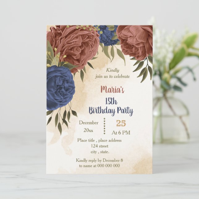 terracotta navy blue floral greenery birthday  invitation (Standing Front)