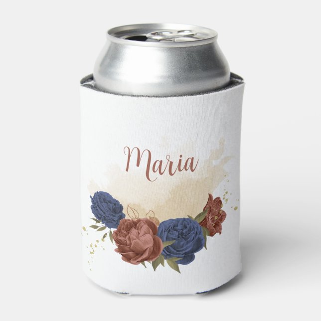 terracotta navy blue floral greenery can cooler (Can Front)