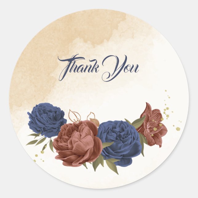 terracotta navy blue floral greenery classic round sticker (Front)