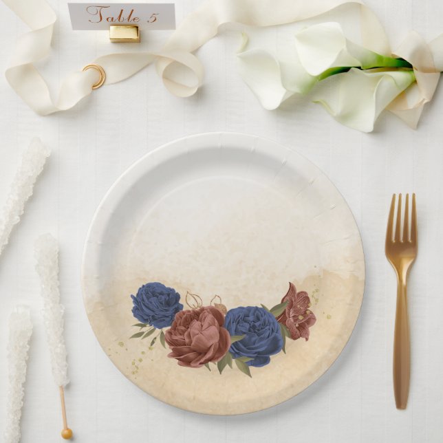 terracotta navy blue floral greenery paper plate (Wedding)
