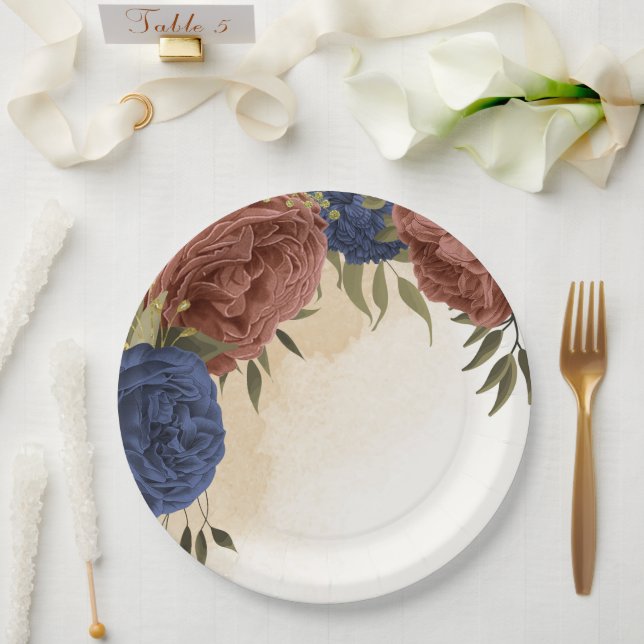 terracotta navy blue floral greenery paper plate (Wedding)