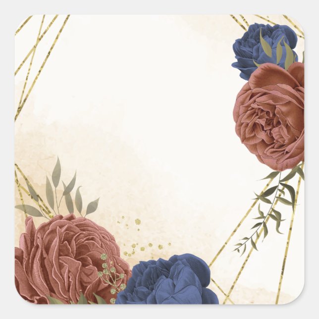 terracotta navy blue floral greenery square sticker (Front)