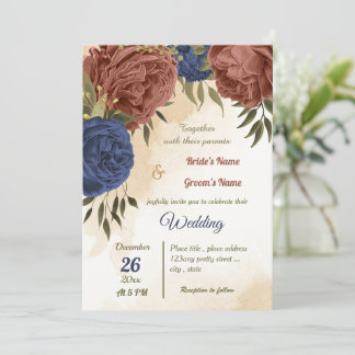 terracotta navy blue floral greenery wedding invitation