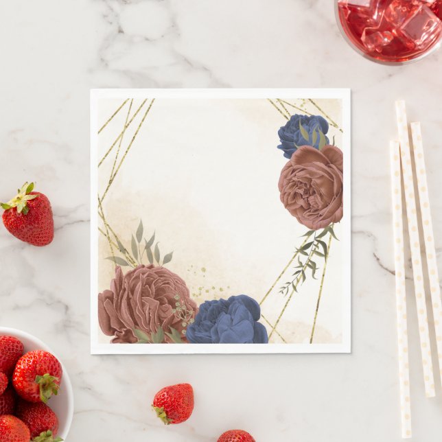 terracotta navy blue floral greenery wedding napkin (Insitu)