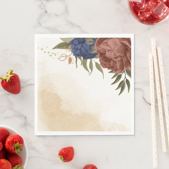 terracotta navy blue floral greenery wedding napkin (Insitu)