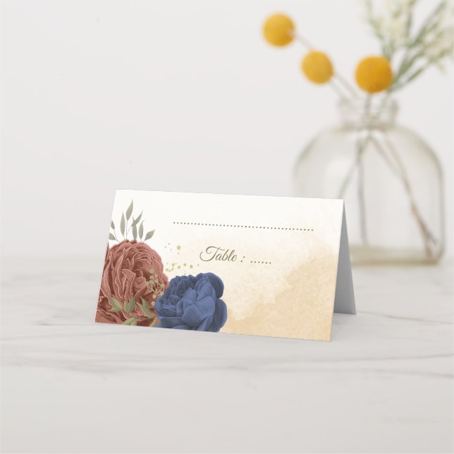 terracotta navy blue floral greenery wedding place card (Front)