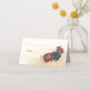 terracotta navy blue floral greenery wedding place card