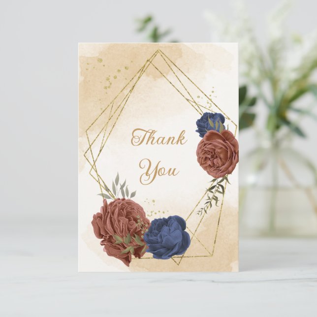 terracotta navy blue floral greenery wedding thank you card (Standing Front)