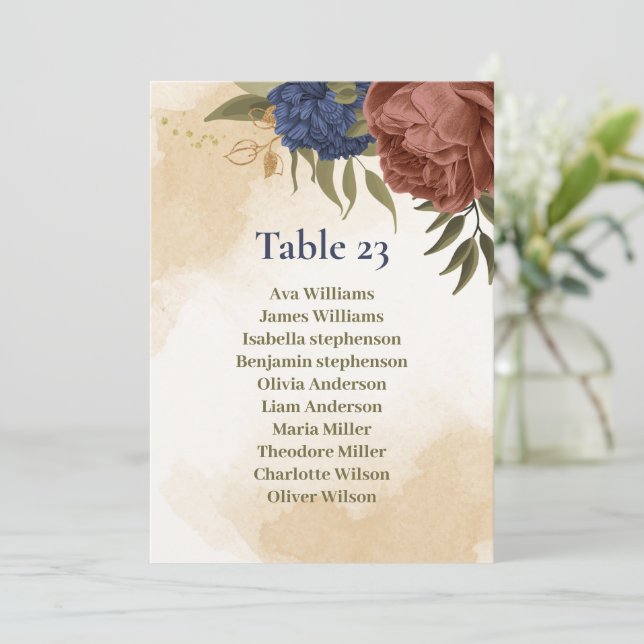 terracotta navy blue floral seating chart card (Standing Front)
