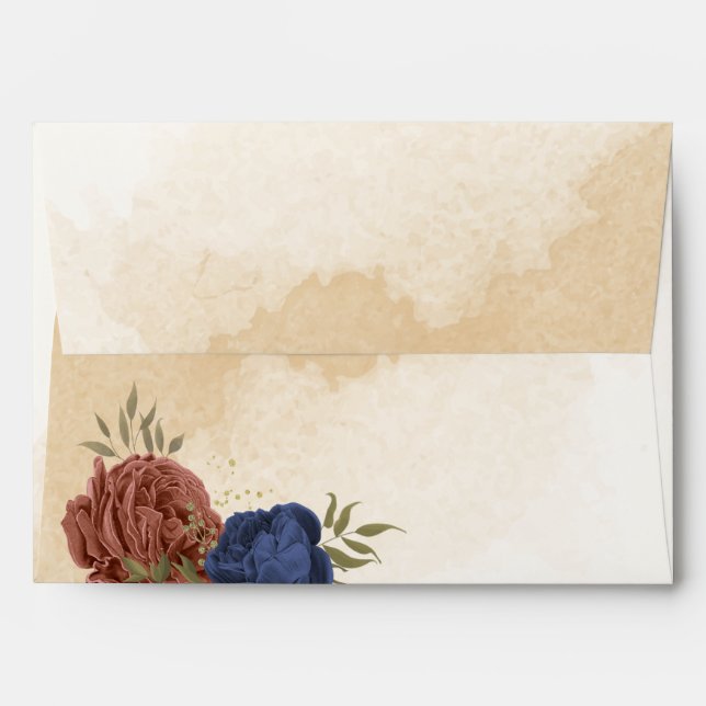 terracotta navy blue floral wedding envelope (Back (Top Flap))