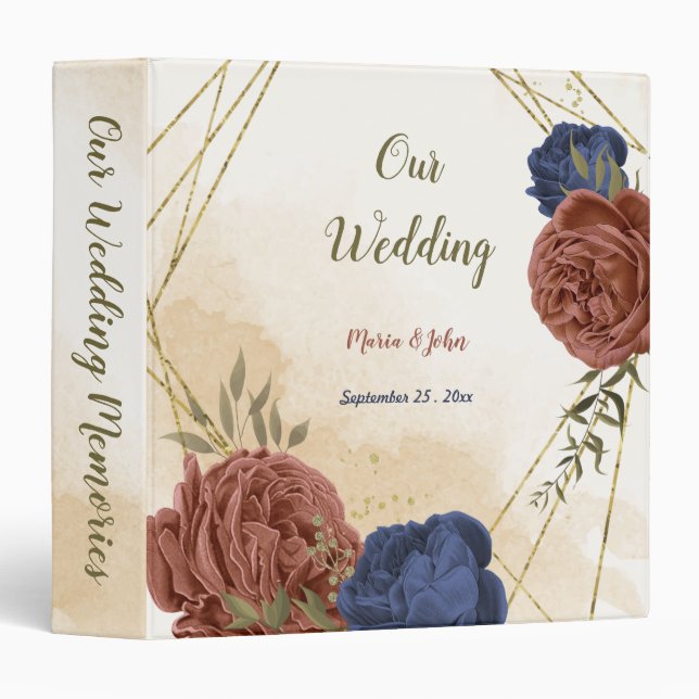 terracotta navy blue floral wedding photo album  binder (Front/Spine)