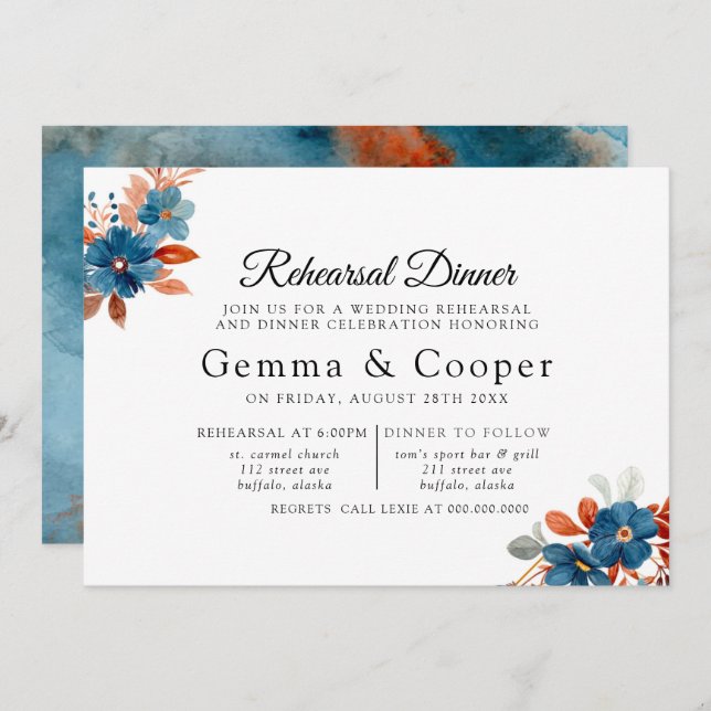 Terracotta Navy Blue Florals Rehearsal Dinner Invitation (Front/Back)