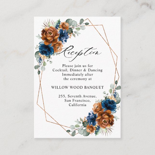 Terracotta Navy Blue Geometric Wedding Reception Enclosure Card (Front)