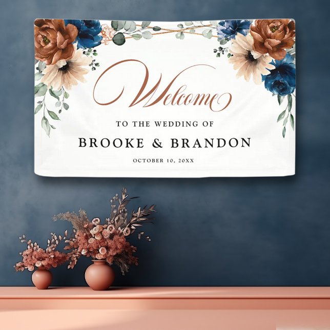 Terracotta Navy Blue Geometric Wedding Welcome Banner (Wedding welcome banner with terracotta and navy flowers)