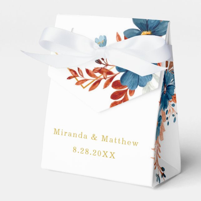 Terracotta Navy Blue Gold Floral Wedding Favor Box (Front Side)