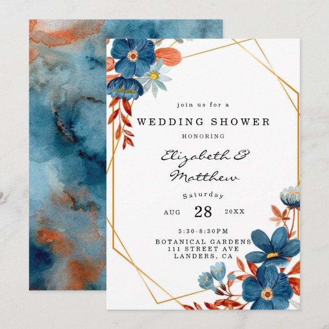 Terracotta Navy Blue Gold Floral Wedding Shower  Invitation (Front/Back)