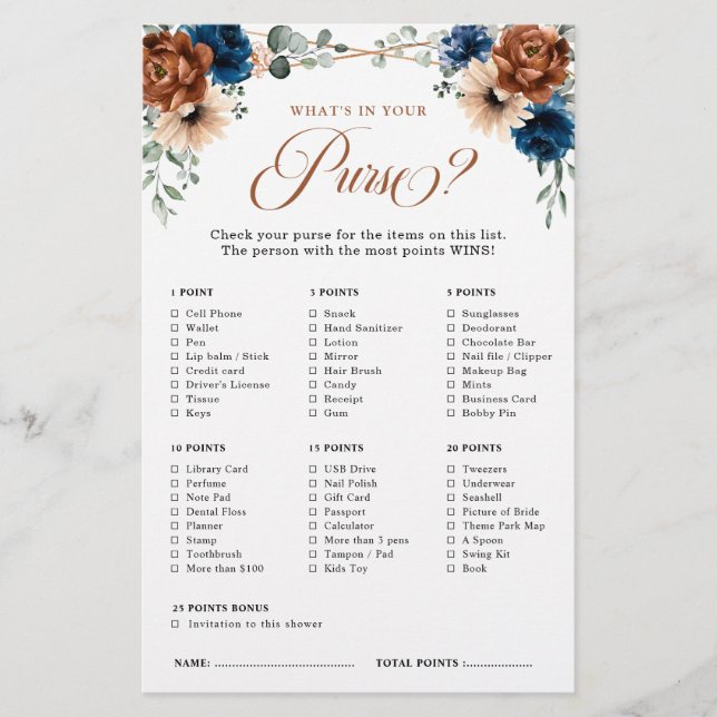 Terracotta Navy Blue Greenery Bridal Shower Game (Front)