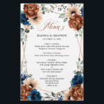 Terracotta Navy Blue Greenery Geometric Menu<br><div class="desc">Elegant Navy blue,  Terracotta ,  Orange earthy floral theme wedding menu featuring elegant bouquet of Navy blue,  Terracotta colour roses peonies  and green eucalyptus leaves. Please contact me for any help in customization or if you need any other product with this design.</div>
