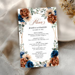 Terracotta Navy Blue Greenery Geometric Menu<br><div class="desc">Elegant Navy blue, Terracotta , Orange earthy floral theme wedding menu featuring elegant bouquet of Navy blue, Terracotta colour roses peonies and green eucalyptus leaves. Please contact me for any help in customization or if you need any other product with this design.</div>
