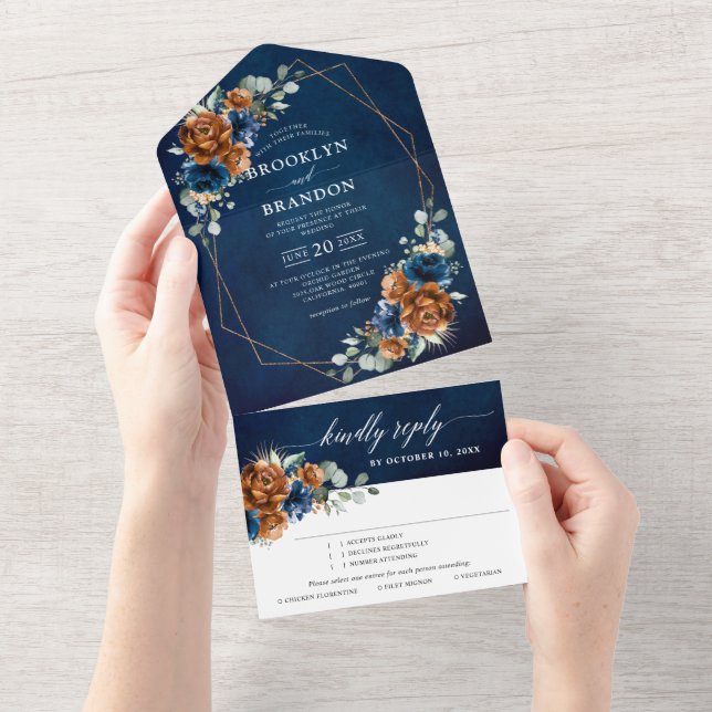 Terracotta Navy Blue Greenery Geometric Wedding Al All In One Invitation (Tearaway)