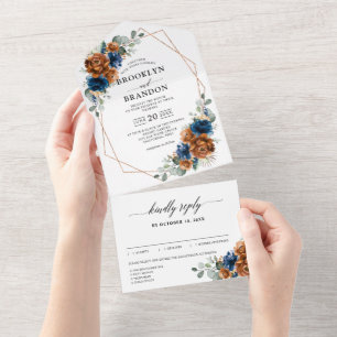 Terracotta Navy Blue Greenery Geometric Wedding All In One Invitation
