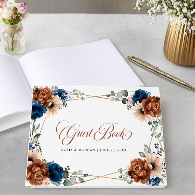 Terracotta Navy Blue Greenery Geometric Wedding Guest Book (Terracotta Navy Blue Greenery Geometric Wedding Guest Book)