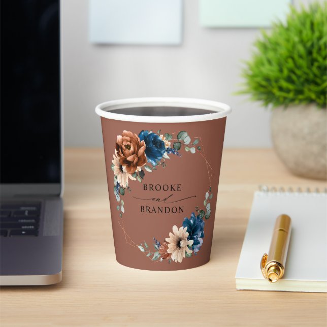 Terracotta Navy Blue Greenery Geometric Wedding Paper Cups (Insitu)