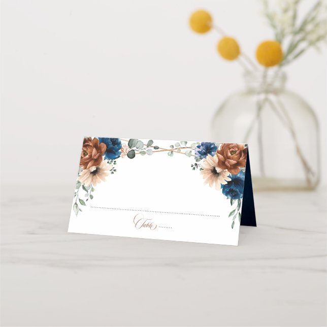 Terracotta Navy Blue Greenery Geometric Wedding Place Card (Front)