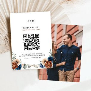 Terracotta Navy Blue Greenery Geometric Wedding RSVP Card