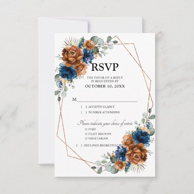 Terracotta Navy Blue Greenery Geometric Wedding RSVP Card (Front)