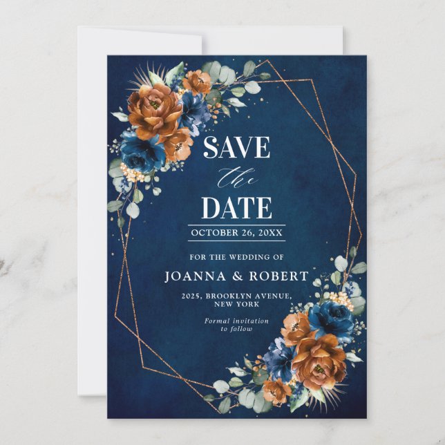 Terracotta Navy Blue Greenery Geometric Wedding Sa Save The Date (Front)