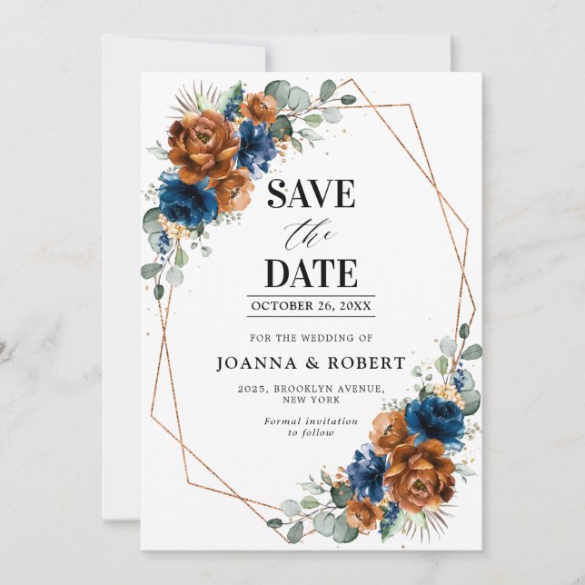 Terracotta Navy Blue Greenery Geometric Wedding Sa Save The Date (Front)