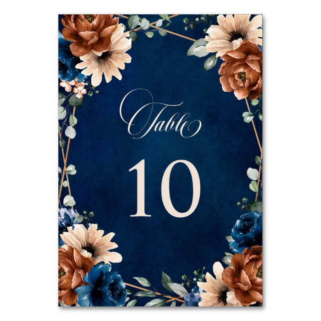 Terracotta Navy Blue Greenery Geometric Wedding Table Number (Front)