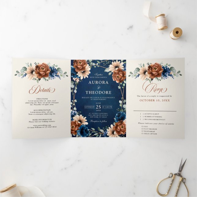 Terracotta Navy Blue Greenery Geometric Wedding Tr Tri-Fold Announcement (Inside)