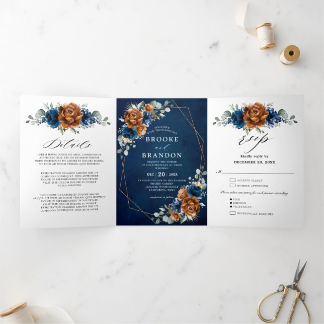 Terracotta Navy Blue Greenery Geometric Wedding Tr Tri-Fold Programme (Inside)