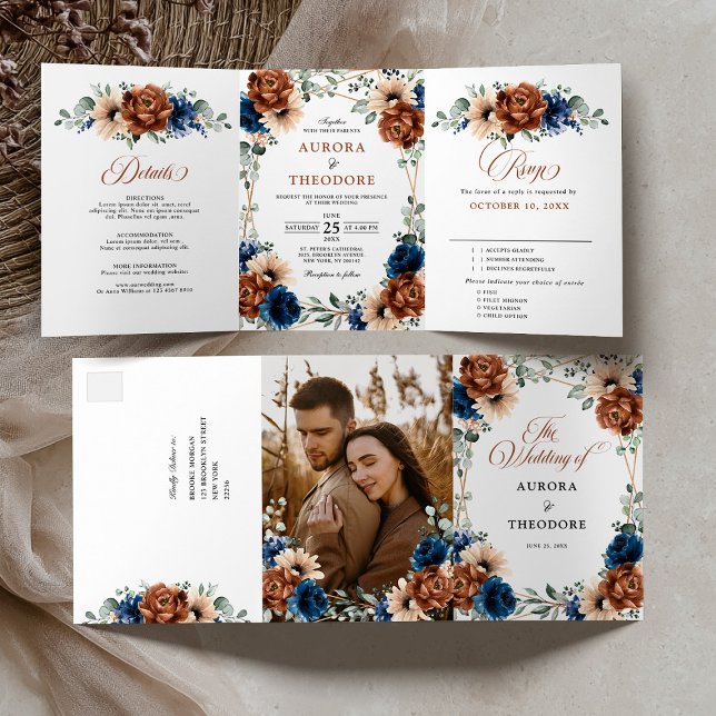 Terracotta Navy Blue Greenery Geometric Wedding Tri-Fold Announcement (Terracotta Navy Blue Greenery Geometric Wedding Tri-Fold Announcement / all in one invitation)