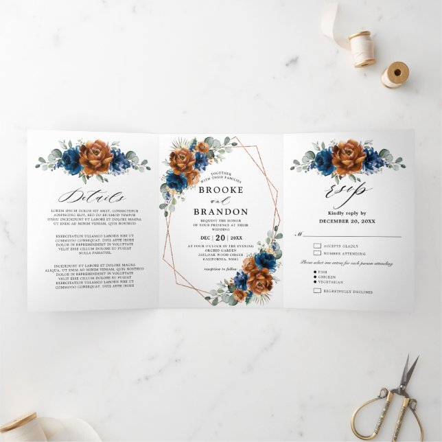 Terracotta Navy Blue Greenery Geometric Wedding Tri-Fold Programme (Inside)